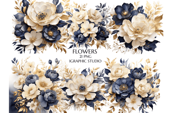 Download Blue and Gold Flowers PNG, - Gold Collection